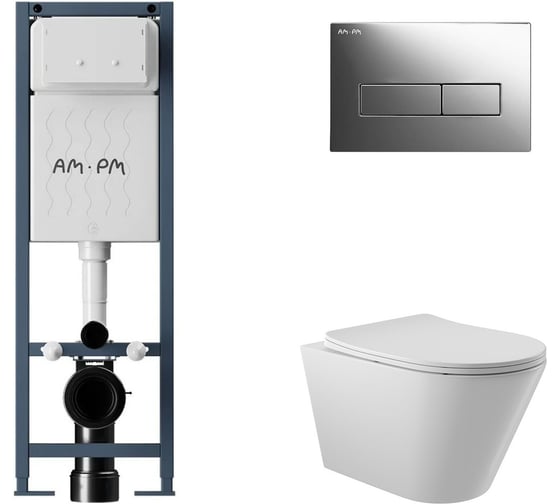 Комплект AM.PM I012711.0351 ErgoFit инсталляция для подвес унитаза с клавишей ErgoFit M пластик, хром глянц + Унитаз подвесной 525х360 безободковый, сиденье Soft-Close, белый глянцевый, форма конус I012711.0351C0110 1