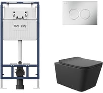 Комплект AM.PM MasterFit инсталляция для подвесного унитаза с клавишей ProC L, мат.хром + Унитаз подвесной 520х370 безободковый, сиденье Soft-Close, черный матовый, форма квадрат I012710.0131Q0140