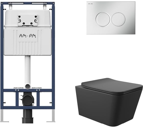Комплект AM.PM MasterFit инсталляция для подвесного унитаза с клавишей ProC L, мат.хром + Унитаз подвесной 520х370 безободковый, сиденье Soft-Close, черный матовый, форма квадрат I012710.0131Q0140 1