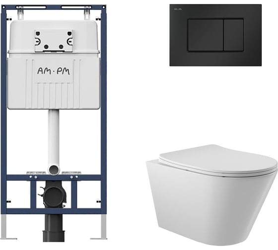 Комплект AM.PM MasterFit инсталляция для подвесного унитаза с клавишей ProC S, мат.черный + Унитаз подвесной 525х360 безободковый, сиденье Soft-Close, белый глянцевый, форма конус I012710.0238C0110 1