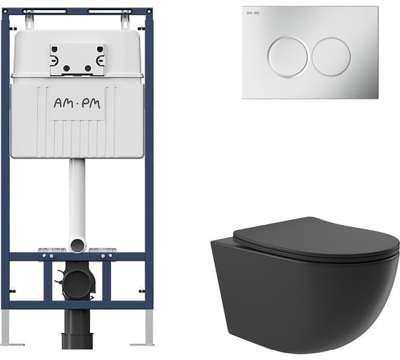 Комплект AM.PM MasterFit инсталляция для подвесного унитаза с клавишей ProC L, мат.хром + Унитаз подвесной 525*360 безободковый, сиденье Soft-Close, черный матовый, форма овал I012710.0131O0140 1