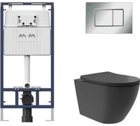 Комплект AM.PM MasterFit инсталляция для подвесного унитаза с клавишей ProC S, хром глянц + Унитаз подвесной Long 520х365 безободковый, Vortex, сиденье Soft-Close, черный матовый, форма овал I012710.0251OV0240