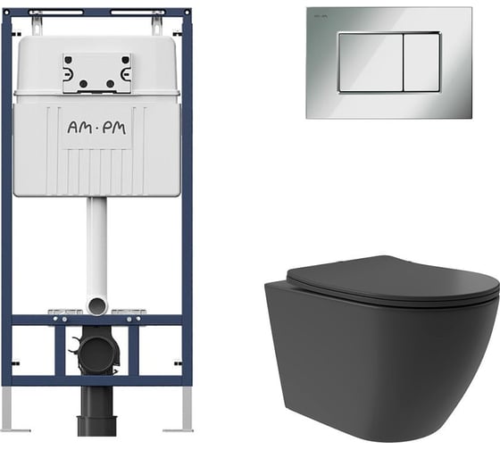 Комплект AM.PM MasterFit инсталляция для подвесного унитаза с клавишей ProC S, хром глянц + Унитаз подвесной Long 520х365 безободковый, Vortex, сиденье Soft-Close, черный матовый, форма овал I012710.0251OV0240 1