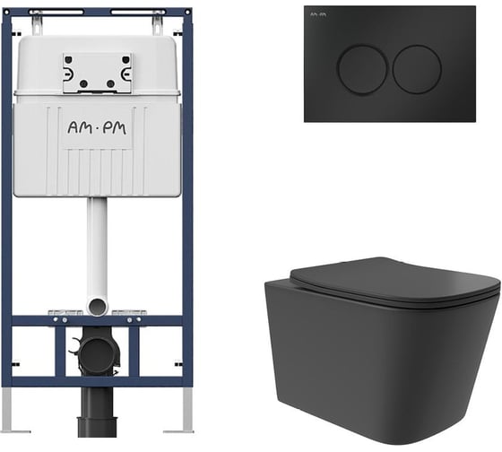 Комплект AM.PM MasterFit инсталляция для подвесного унитаза с клавишей ProC L, мат.черный + Унитаз подвесной Long 525х345 безободковый, Vortex, сиденье Soft-Close, черный матовый, форма квадрат I012710.0138QV0240 1