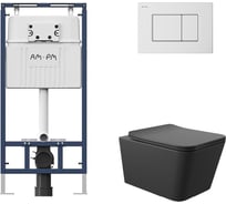 Комплект AM.PM MasterFit инсталляция для подвесного унитаза с клавишей ProC S, бел глянц + Унитаз подвесной 520*370 безободковый, сиденье Soft-Close, черный матовый, форма квадрат I012710.0201Q0140