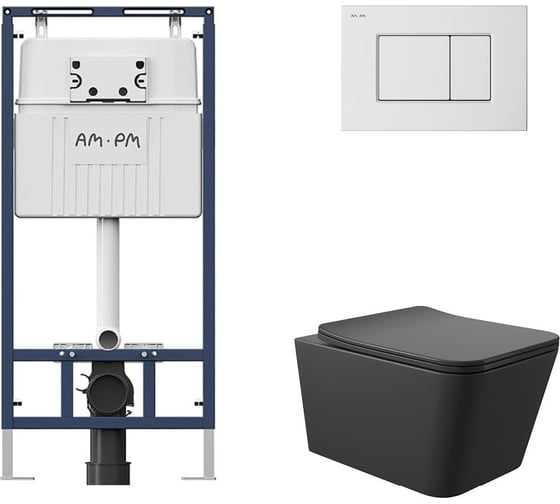 Комплект AM.PM MasterFit инсталляция для подвесного унитаза с клавишей ProC S, бел глянц + Унитаз подвесной 520*370 безободковый, сиденье Soft-Close, черный матовый, форма квадрат I012710.0201Q0140 1