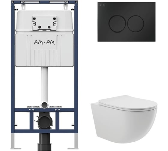 Комплект AM.PM MasterFit инсталляция для подвесного унитаза с клавишей ProC L, мат.черный + Унитаз подвесной Long 520х365 безободковый, Vortex, сиденье Soft-Close, белый глянцевый, форма овал I012710.0138OV0210 1