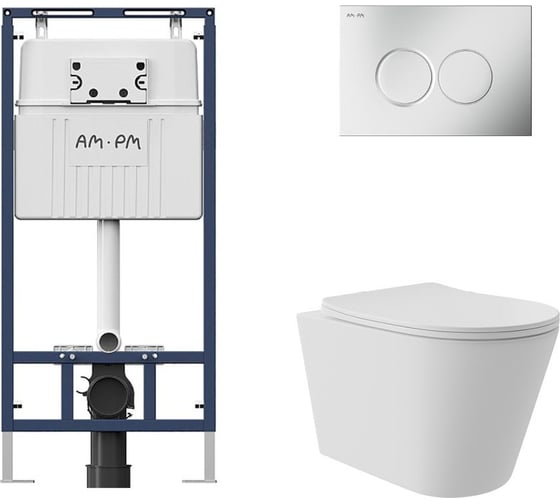 Комплект AM.PM MasterFit инсталляция для подвесного унитаза с клавишей ProC L, мат.хром + Унитаз подвесной Long 520х365 безободковый, Vortex, сиденье Soft-Close, белый матовый, форма конус I012710.0131CV0220 1