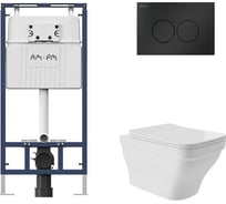 Комплект AM.PM MasterFit инсталляция для подвесного унитаза с клавишей ProC L, мат.черный + Унитаз подвесной 520х370 безободковый, сиденье Soft-Close, белый глянцевый, форма квадрат с выступом I012710.0138E0110