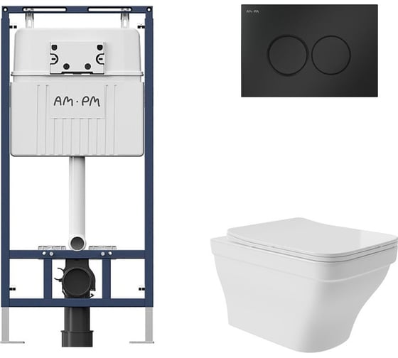 Комплект AM.PM MasterFit инсталляция для подвесного унитаза с клавишей ProC L, мат.черный + Унитаз подвесной 520х370 безободковый, сиденье Soft-Close, белый глянцевый, форма квадрат с выступом I012710.0138E0110 1
