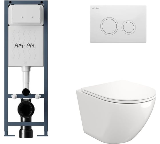 Комплект AM.PM I012711.0101 ErgoFit инсталляция для подвес унитаза с клавишей ErgoFit L пластик, белый глянцевый + FLUIRE 110 Vortex Унитаз подвесной безободковый, быстросъёмное сиденье с микролифтом, белый глян. I012711.0101AL.FLU40110.V.W 1