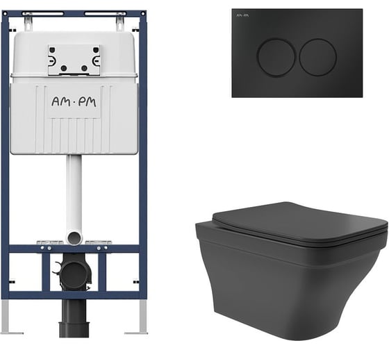Комплект AM.PM MasterFit инсталляция для подвесного унитаза с клавишей ProC L, мат.черный + Унитаз подвесной 520х370 безободковый, сиденье Soft-Close, черный матовый, форма квадрат с выступом I012710.0138E0140 1