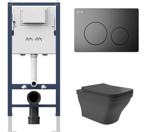 Комплект AM.PM I012709.0138 PrimeFit инсталляция для подвесного унитаза с клавишей PrimeFit L, мат.черный + Унитаз подвесной 520х370 безободковый, сиденье Soft-Close, черный матовый, форма квадрат с выступом I012709.0138E0140 1