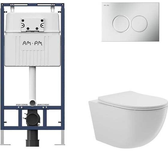 Комплект AM.PM MasterFit инсталляция для подвесного унитаза с клавишей ProC L, мат.хром + Унитаз подвесной 525х360 безободковый, сиденье Soft-Close, белый глянцевый, форма овал I012710.0131O0110 1