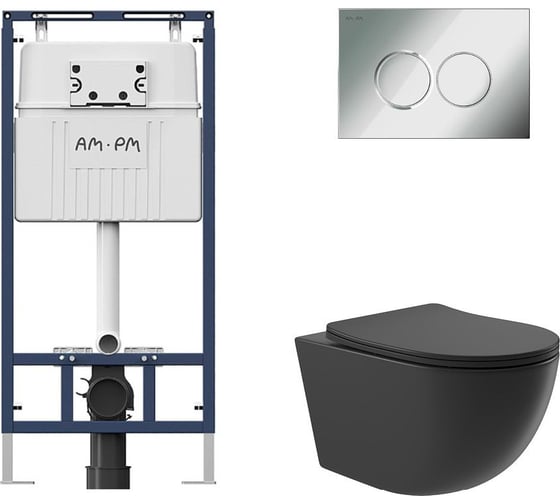 Комплект AM.PM MasterFit инсталляция для подвесного унитаза с клавишей ProC L, хром глянц + Унитаз подвесной 525х360 безободковый, сиденье Soft-Close, черный матовый, форма овал I012710.0151O0140 1