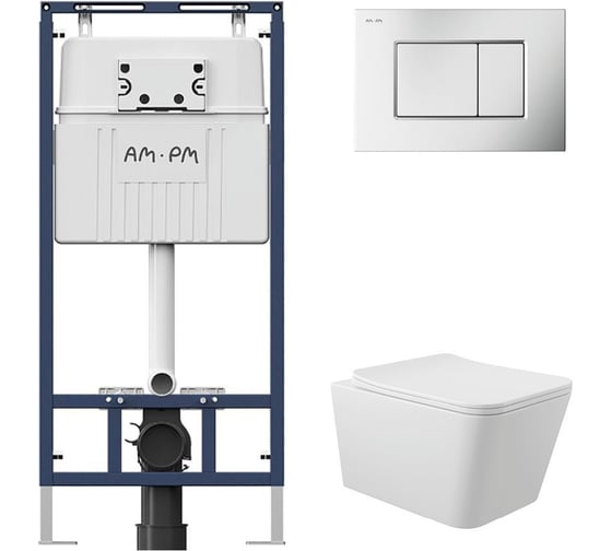 Комплект AM.PM MasterFit инсталляция для подвесного унитаза с клавишей ProC S, мат.хром + Унитаз подвесной Long 525х345 безободковый, Vortex, сиденье Soft-Close, белый глянцевый, форма квадрат I012710.0231QV0210 1