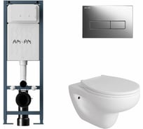 Комплект AM.PM I012711.0351 ErgoFit инсталляция для подвес унитаза с клавишей ErgoFit M пластик, хром глянц + Унитаз подвесной Long 520*365 безободковый, Vortex, сиденье Soft-Close, белый глянцевый, форма конус I012711.0351CV0210