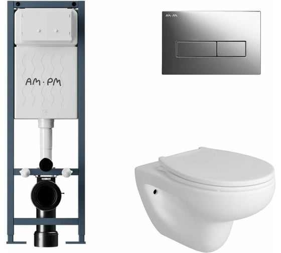 Комплект AM.PM I012711.0351 ErgoFit инсталляция для подвес унитаза с клавишей ErgoFit M пластик, хром глянц + Унитаз подвесной Long 520*365 безободковый, Vortex, сиденье Soft-Close, белый глянцевый, форма конус I012711.0351CV0210 1