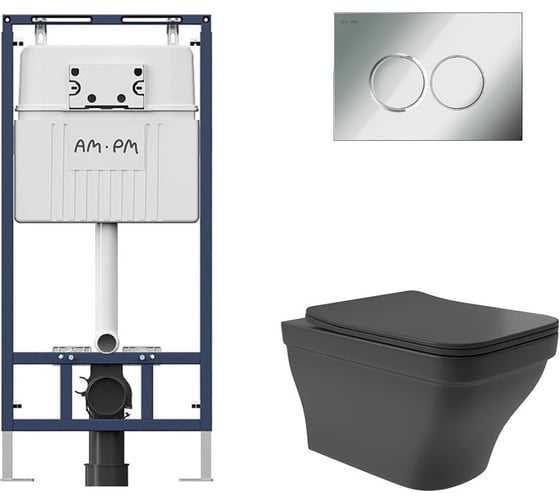 Комплект AM.PM MasterFit инсталляция для подвесного унитаза с клавишей ProC L, хром глянц + Унитаз подвесной 520х370 безободковый, сиденье Soft-Close, черный матовый, форма квадрат с выступом I012710.0151E0140 1