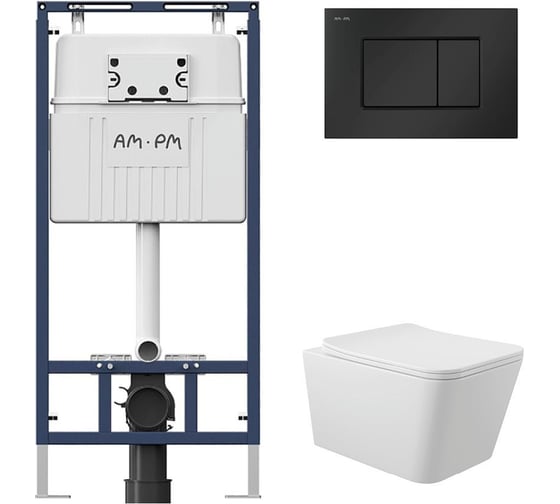 Комплект AM.PM MasterFit инсталляция для подвесного унитаза с клавишей ProC S, мат.черный + Унитаз подвесной Long 525х345 безободковый, Vortex, сиденье Soft-Close, белый глянцевый, форма квадрат I012710.0238QV0210 1