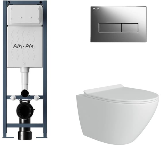 Комплект AM.PM I012711.0351 ErgoFit инсталляция для подвес унитаза с клавишей ErgoFit M пластик, хром глянц + FLUIRE Унитаз подвесной безободковый, быстросъёмное сиденье с микролифтом, белый глян. I012711.0351AL.FLU40106.W 1