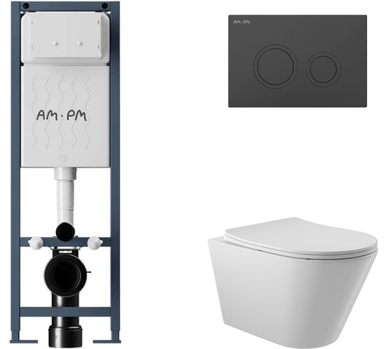 Комплект AM.PM I012711.0138 ErgoFit инсталляция для подвес унитаза с клавишей ErgoFit L пластик, черный матовый + Унитаз подвесной 525х360 безободковый, сиденье Soft-Close, белый глянцевый, форма конус I012711.0138C0110 1