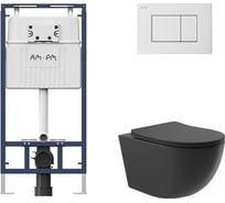 Комплект AM.PM MasterFit инсталляция для подвесного унитаза с клавишей ProC S, бел глянц + Унитаз подвесной 525х360 безободковый, сиденье Soft-Close, черный матовый, форма овал I012710.0201O0140