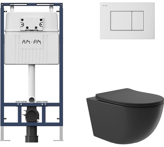 Комплект AM.PM MasterFit инсталляция для подвесного унитаза с клавишей ProC S, бел глянц + Унитаз подвесной 525х360 безободковый, сиденье Soft-Close, черный матовый, форма овал I012710.0201O0140 1