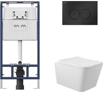 Комплект AM.PM MasterFit инсталляция для подвесного унитаза с клавишей ProC L, мат.черный + Унитаз подвесной 520х370 безободковый, сиденье Soft-Close, белый матовый, форма квадрат I012710.0138Q0120