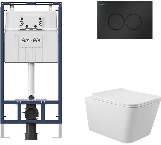 Комплект AM.PM MasterFit инсталляция для подвесного унитаза с клавишей ProC L, мат.черный + Унитаз подвесной 520х370 безободковый, сиденье Soft-Close, белый матовый, форма квадрат I012710.0138Q0120 1