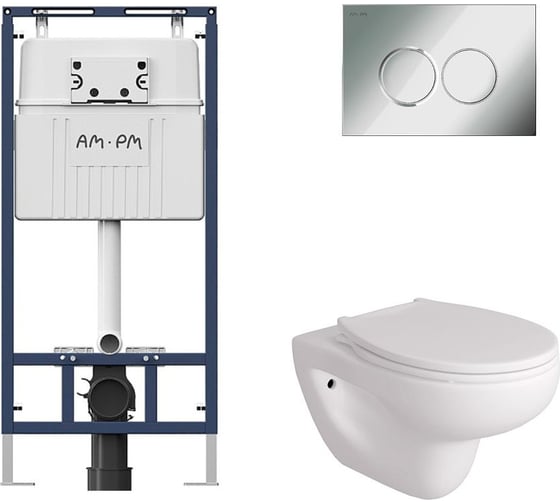Комплект AM.PM MasterFit инсталляция для подвесного унитаза с клавишей ProC L, хром глянц + FLUIRE 901 Унитаз подвесной безободковый, быстросъёмное сиденье с микролифтом, белый глян. I012710.0151AL.FLU40901.W 1