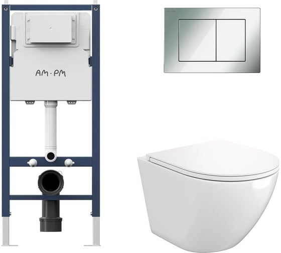 Комплект AM.PM I012709.0251 PrimeFit инсталляция для подвесного унитаза с клавишей PrimeFit S, хром глянц + FLUIRE 110 Vortex Унитаз подвесной безободковый, быстросъёмное сиденье с микролифтом, белый глян. I012709.0251AL.FLU40110.V.W 1