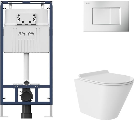 Комплект AM.PM MasterFit инсталляция для подвесного унитаза с клавишей ProC S, мат.хром + Унитаз подвесной 480х360 безободковый, Vortex, сиденье Soft-Close, белый глянцевый, форма конус I012710.0231CV0110 1