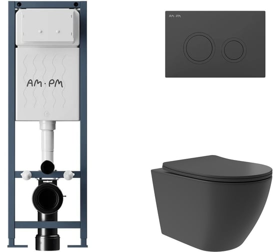 Комплект AM.PM I012711.0138 ErgoFit инсталляция для подвес унитаза с клавишей ErgoFit L пластик, черный матовый + Унитаз подвесной Long 520х365 безободковый, Vortex, сиденье Soft-Close, черный матовый, форма овал I012711.0138OV0240 1