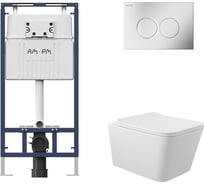 Комплект AM.PM MasterFit инсталляция для подвесного унитаза с клавишей ProC L, мат.хром + Унитаз подвесной 520х370 безободковый, сиденье Soft-Close, белый глянцевый, форма квадрат I012710.0131Q0110
