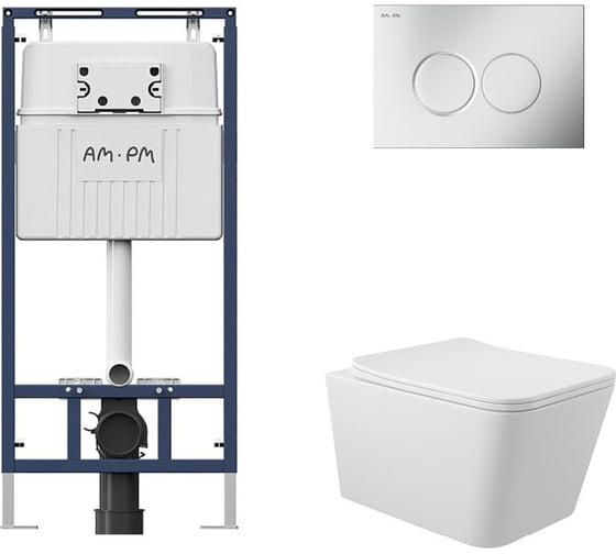Комплект AM.PM MasterFit инсталляция для подвесного унитаза с клавишей ProC L, мат.хром + Унитаз подвесной 520х370 безободковый, сиденье Soft-Close, белый глянцевый, форма квадрат I012710.0131Q0110 1