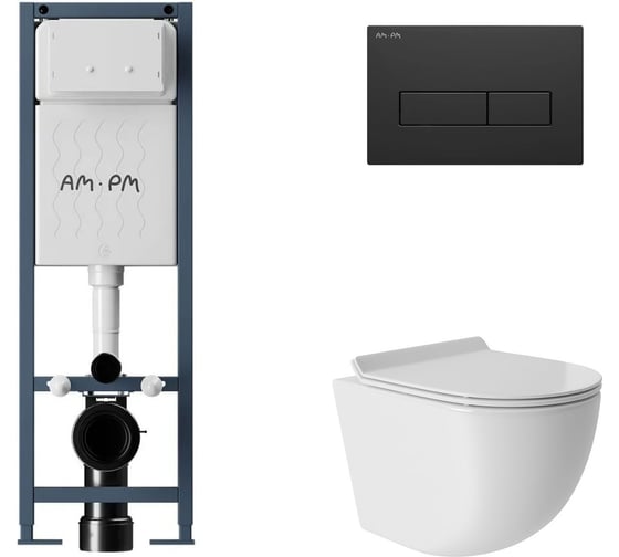 Комплект AM.PM I012711.0338 ErgoFit инсталляция для подвес унитаза с клавишей ErgoFit M пластик, черный матовый + Унитаз подвесной 480х360 безободковый, Vortex, сиденье Soft-Close, белый глянцевый, форма овал I012711.0338OV0110 1