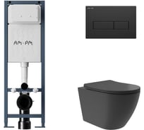 Комплект AM.PM I012711.0338 ErgoFit инсталляция для подвес унитаза с клавишей ErgoFit M пластик, черный матовый + Унитаз подвесной Long 520*365 безободковый, Vortex, сиденье Soft-Close, черный матовый, форма овал I012711.0338OV0240