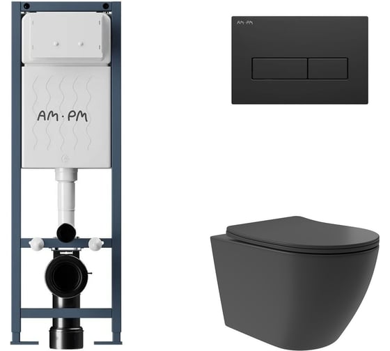 Комплект AM.PM I012711.0338 ErgoFit инсталляция для подвес унитаза с клавишей ErgoFit M пластик, черный матовый + Унитаз подвесной Long 520*365 безободковый, Vortex, сиденье Soft-Close, черный матовый, форма овал I012711.0338OV0240 1
