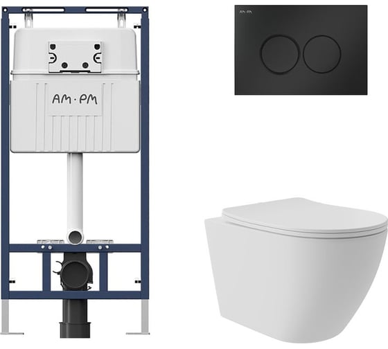 Комплект AM.PM MasterFit инсталляция для подвесного унитаза с клавишей ProC L, мат.черный + Унитаз подвесной Long 520*365 безободковый, Vortex, сиденье Soft-Close, белый матовый, форма овал I012710.0138OV0220 1