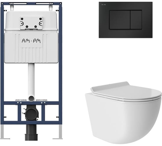 Комплект AM.PM MasterFit инсталляция для подвесного унитаза с клавишей ProC S, мат.черный + Унитаз подвесной 480х360 безободковый, Vortex, сиденье Soft-Close, белый глянцевый, форма овал I012710.0238OV0110 1