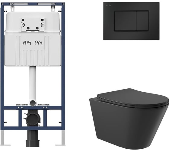 Комплект AM.PM MasterFit инсталляция для подвесного унитаза с клавишей ProC S, мат.черный + Унитаз подвесной 525х360 безободковый, сиденье Soft-Close, черный матовый, форма конус I012710.0238C0140 1