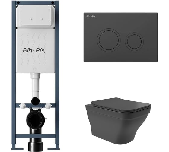 Комплект AM.PM I012711.0138 ErgoFit инсталляция для подвес унитаза с клавишей ErgoFit L пластик, черный матовый + Унитаз подвесной 520*370 безободковый, сиденье Soft-Close, черный матовый, форма квадрат с выступом I012711.0138E0140 1