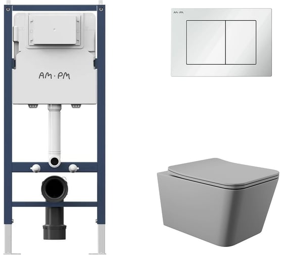 Комплект AM.PM I012709.0201 PrimeFit инсталляция для подвесного унитаза с клавишей PrimeFit S, бел глянц + Унитаз подвесной 520х370 безободковый, сиденье Soft-Close, серый матовый, форма квадрат I012709.0201Q0130 1