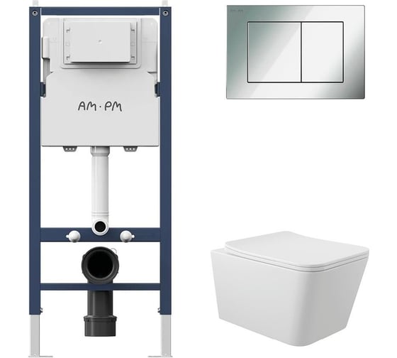 Комплект AM.PM I012709.0251 PrimeFit инсталляция для подвесного унитаза с клавишей PrimeFit S, хром глянц + Унитаз подвесной Long 525*345 безободковый, Vortex, сиденье Soft-Close, белый глянцевый, форма квадрат I012709.0251QV2110 1