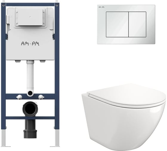 Комплект AM.PM I012709.0201 PrimeFit инсталляция для подвесного унитаза с клавишей PrimeFit S, бел глянц + FLUIRE 110 Vortex Унитаз подвесной безободковый, быстросъёмное сиденье с микролифтом, белый глян. I012709.0201AL.FLU40110.V.W 1