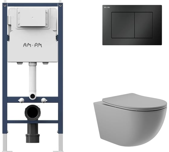 Комплект AM.PM I012709.0238 PrimeFit инсталляция для подвесного унитаза с клавишей PrimeFit S, мат.черный + Унитаз подвесной 525*360 безободковый, сиденье Soft-Close, серый матовый, форма овал I012709.0238O0130 1