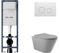 Комплект AM.PM I012711.0101 ErgoFit инсталляция для подвес унитаза с клавишей ErgoFit L пластик, белый глянцевый + Унитаз подвесной 525*360 безободковый, сиденье Soft-Close, серый матовый, форма конус I012711.0101C0130
