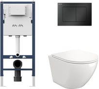 Комплект AM.PM I012709.0238 PrimeFit инсталляция для подвесного унитаза с клавишей PrimeFit S, мат.черный +  FLUIRE 110 Vortex Унитаз подвесной безободковый, быстросъёмное сиденье с микролифтом, белый глян. I012709.0238AL.FLU40110.V.W