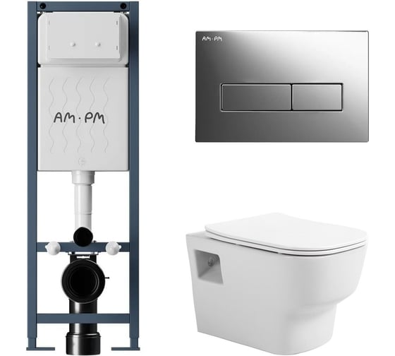 Комплект AM.PM I012711.0351 ErgoFit инсталляция для подвес унитаза с клавишей ErgoFit M пластик, хром глянц + Подвесной безободковый унитаз AVIMANO Tradition с крышкой-сидением из дюропласта с функцией soft-close и quick release I012711.03511000090 1